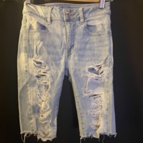 AE Light Blue Wash Ripped Biker Shorts - Picture 1 of 1